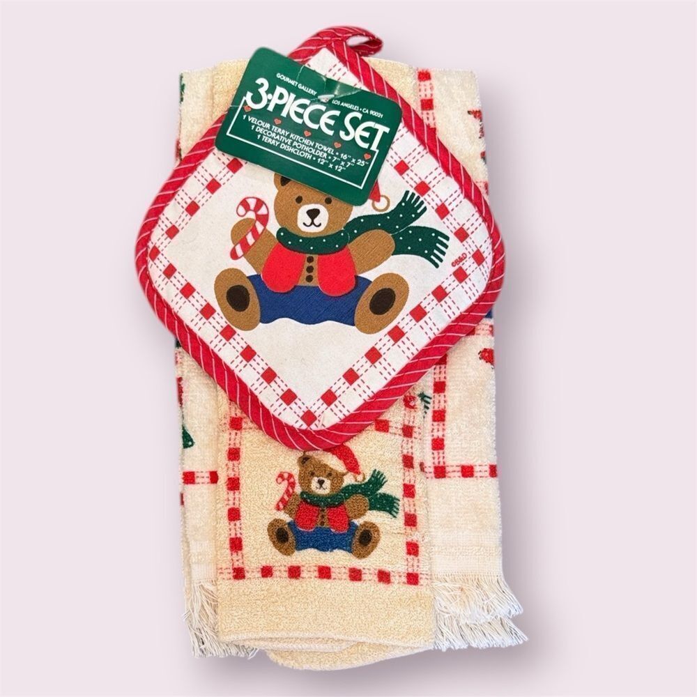GOURMET GALLERY Vintage 80s/90s Teddy Bear Christmas Potholder/Towel Set *NEW*
